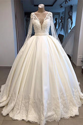 Elegant White Ball Gown Princess V-neck Wedding Dress with Long Sleeves